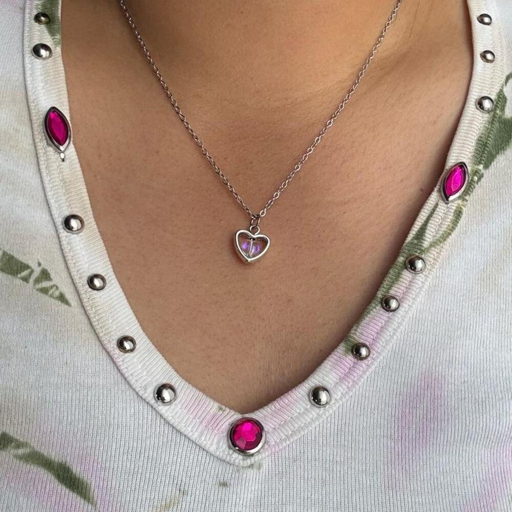 Silver heart necklace with purple
